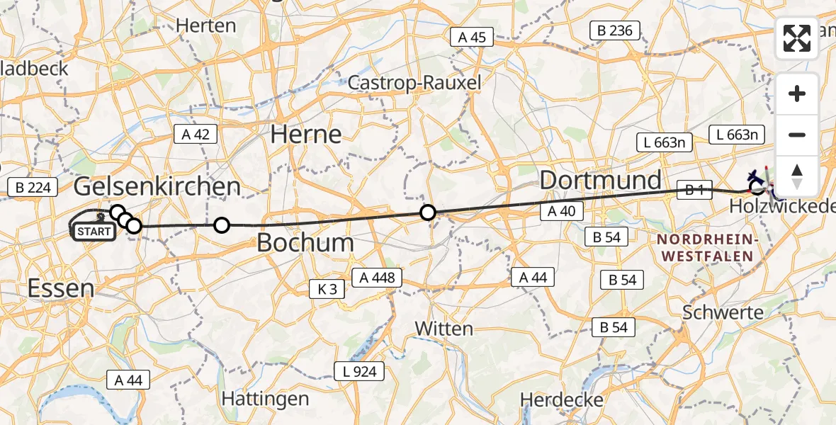 Flugroute Polizeihubschrauber Essen - Dortmund Flughafen, 24 Mai 2026, 12:25