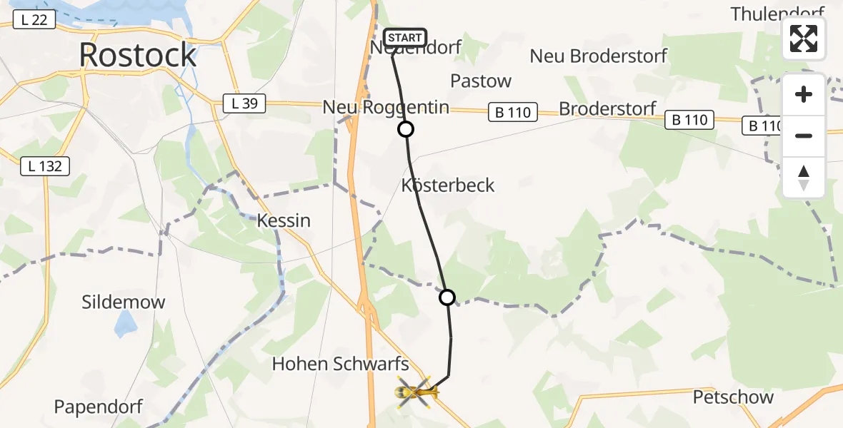 Flugroute Ambulanzhubschrauber Broderstorf - Dummerstorf, 24 Mai 2026, 12:27