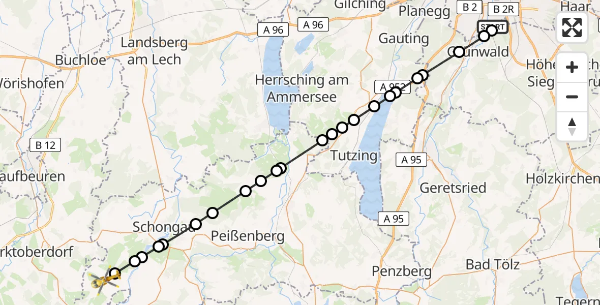 Flugroute Rettungshubschrauber ADAC Air Rescue Center Hubschrauberlandeplatz (Christoph 1) - Bernbeuren, 24 Mai 2026, 12:27