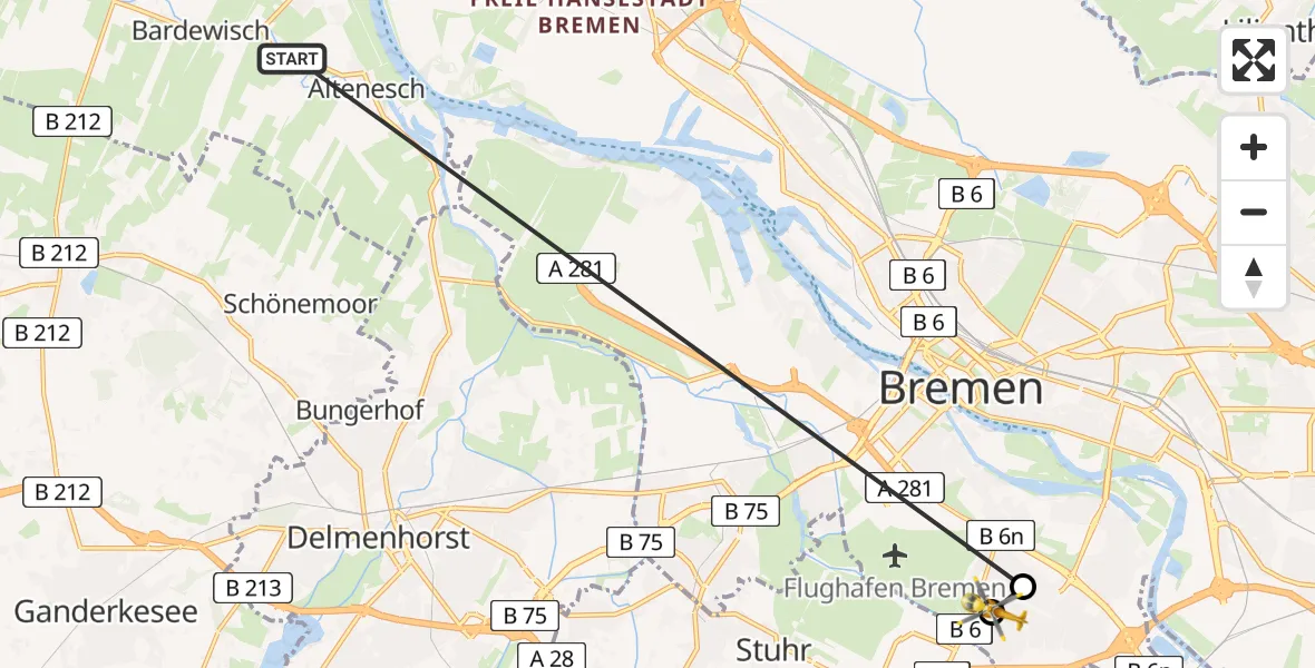 Flugroute Rettungshubschrauber Lemwerder - ADAC Air Rescue Station Bremen Hubschrauberlandeplatz (Christoph 6), 24 Mai 2026, 12:28