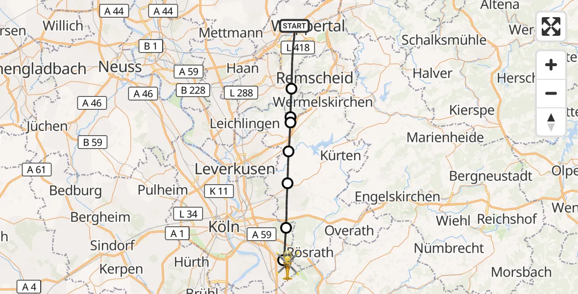 Flugroute Rettungshubschrauber Wuppertal - Köln Bonn Flughafen, 24 Mai 2026, 12:29
