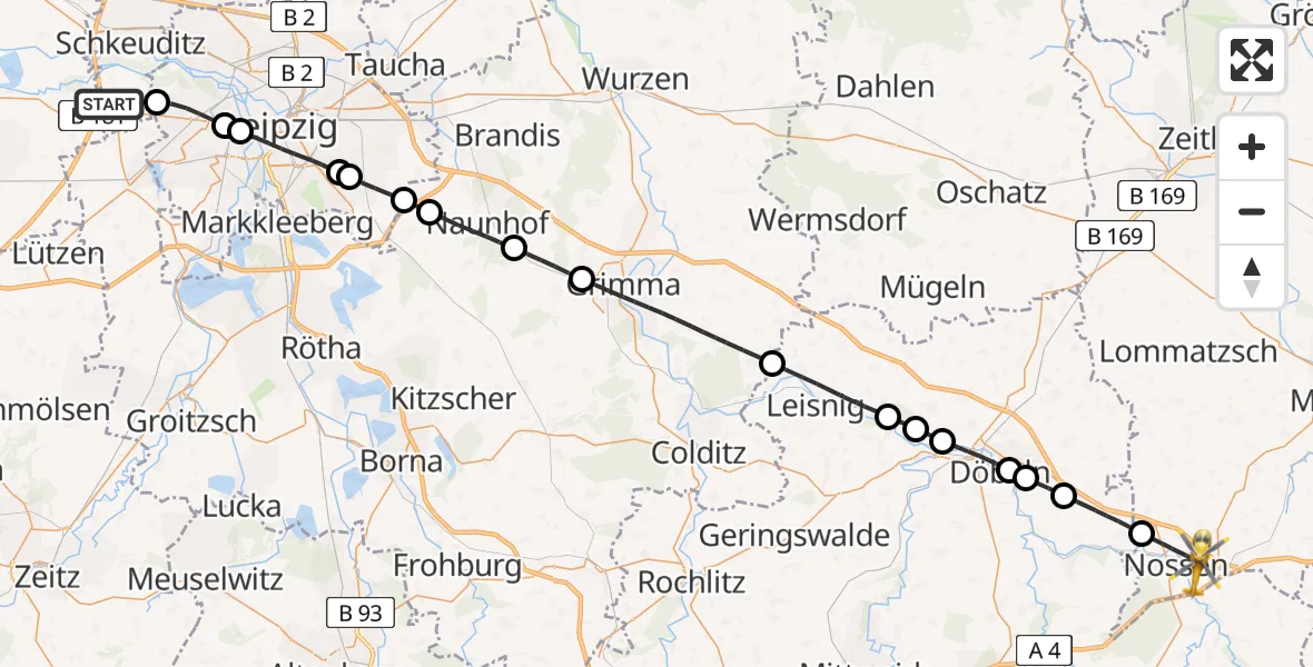 Flugroute Rettungshubschrauber Schkeuditz - Nossen, 24 Mai 2026, 12:31