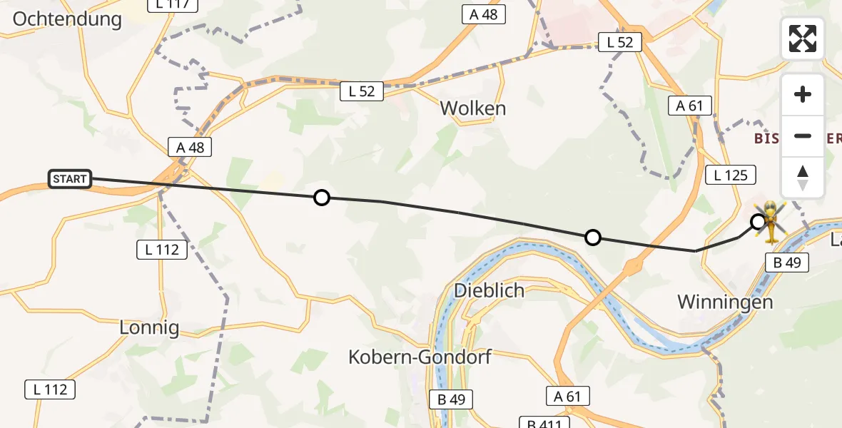 Flugroute Ambulanzhubschrauber Ochtendung - Koblenz-Winningen Flugplatz, 24 Mai 2026, 12:32
