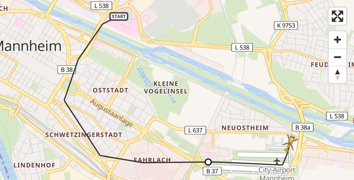 Flugroute Rettungshubschrauber Mannheim - Mannheim-City Flughafen, 24 Mai 2026, 12:33