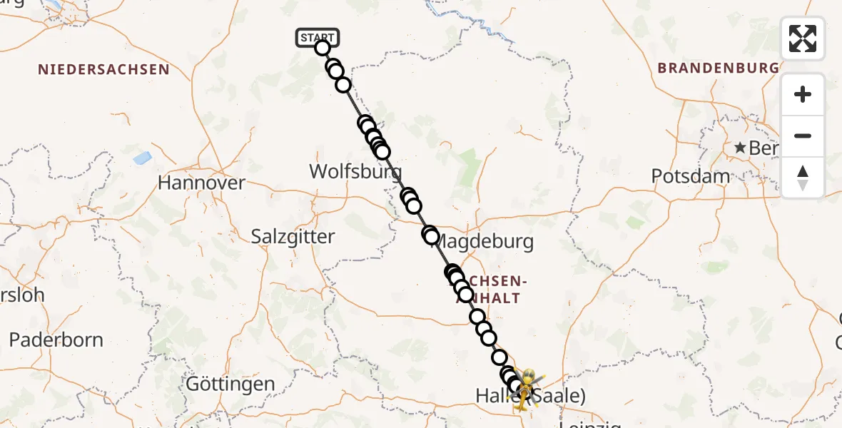 Flugroute Rettungshubschrauber Uelzen - Halle (Saale) University Hospital, 24 Mai 2026, 12:35