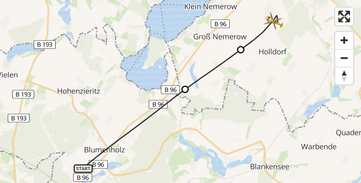 Flugroute Rettungshubschrauber Blumenholz - Holldorf, 24 Mai 2026, 12:37