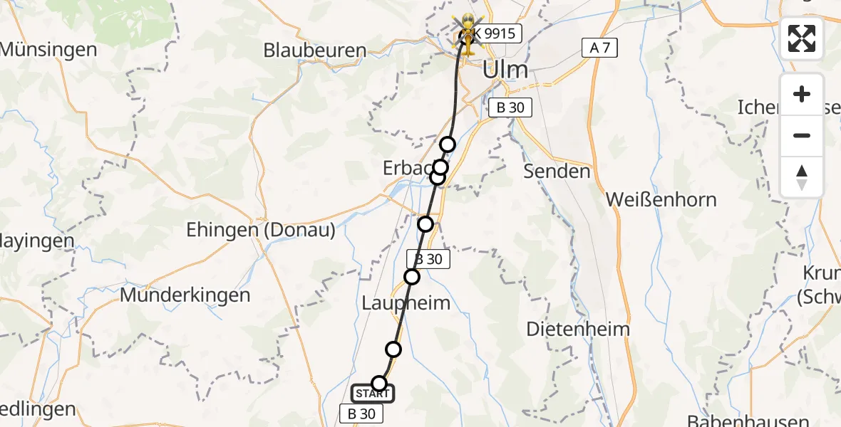 Flugroute Rettungshubschrauber Maselheim - Ulm Military Hospital Emergency Hubschrauberlandeplatz, 24 Mai 2026, 12:41