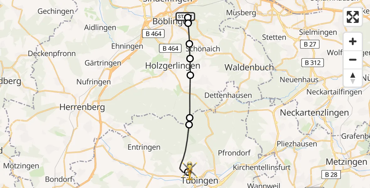 Flugroute Rettungshubschrauber Böblingen Hospital - Tübingen University Hospital, 24 Mai 2026, 12:41