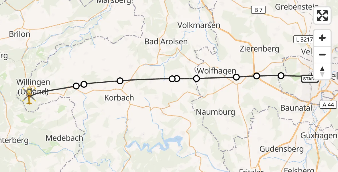 Flugroute Rettungshubschrauber Kassel - Willingen (Upland), 24 Mai 2026, 12:45