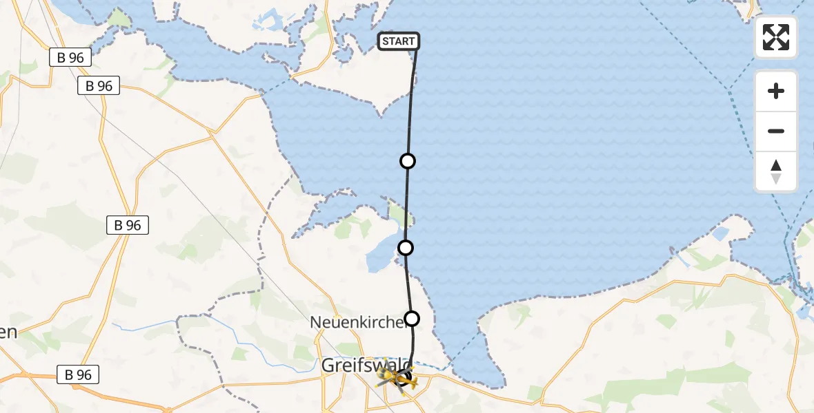 Flugroute Rettungshubschrauber Garz/Rügen - Greifswald Hospital, 24 Mai 2026, 12:46