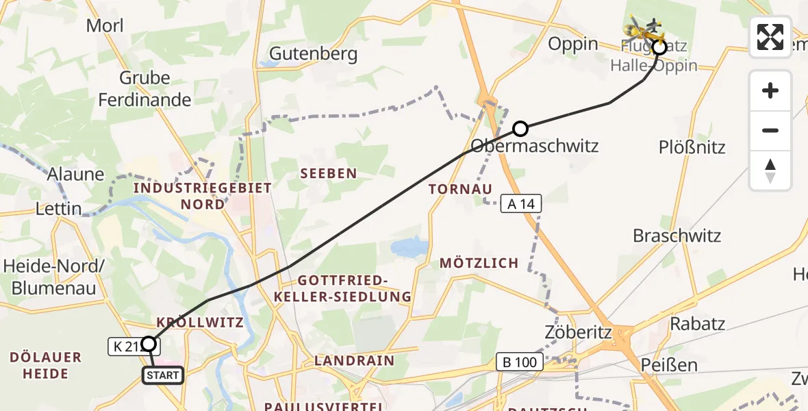 Flugroute Ambulanzhubschrauber Halle (Saale) University Hospital - Halle-Oppin Flugplatz, 24 Mai 2026, 12:49