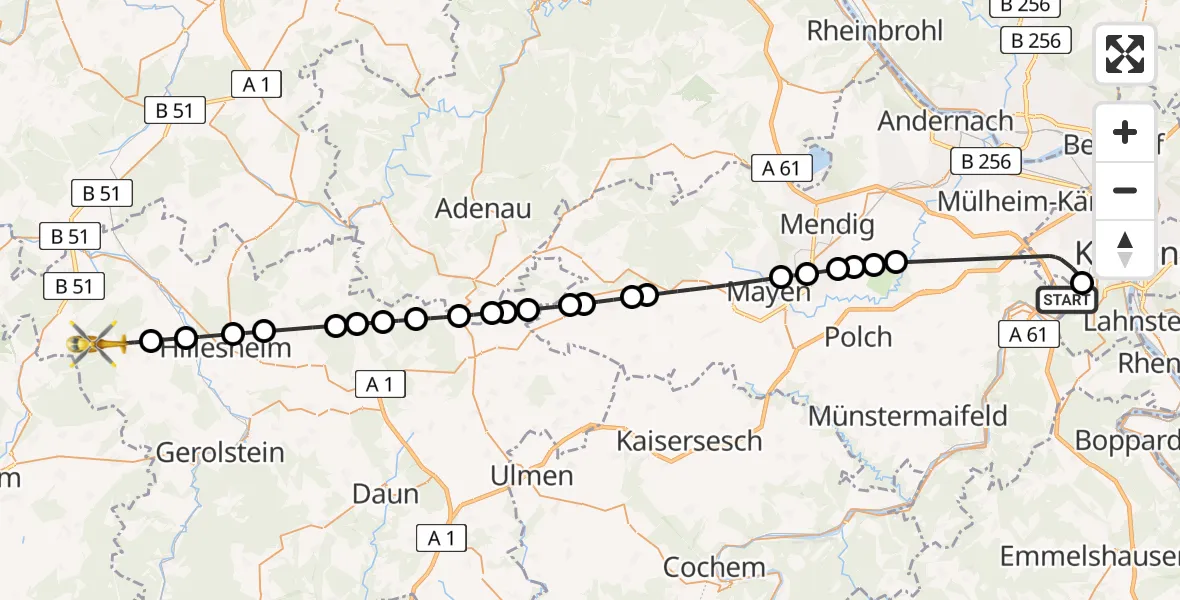 Flugroute Ambulanzhubschrauber Koblenz-Winningen Flugplatz - Steffeln, 24 Mai 2026, 12:51