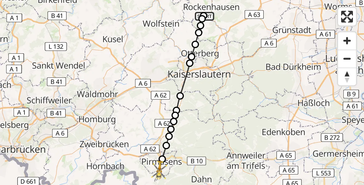 Flugroute Rettungshubschrauber Imsweiler UL - Pirmasens, 24 Mai 2026, 13:00