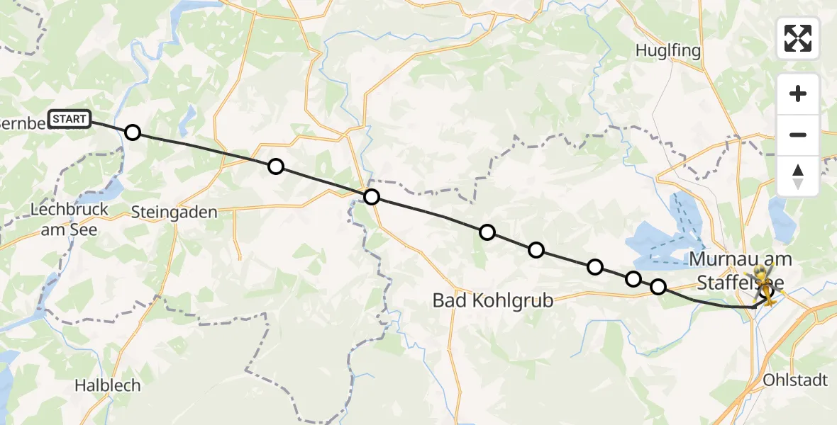 Flugroute Rettungshubschrauber Bernbeuren - Murnau Accident Hospital, 24 Mai 2026, 13:01