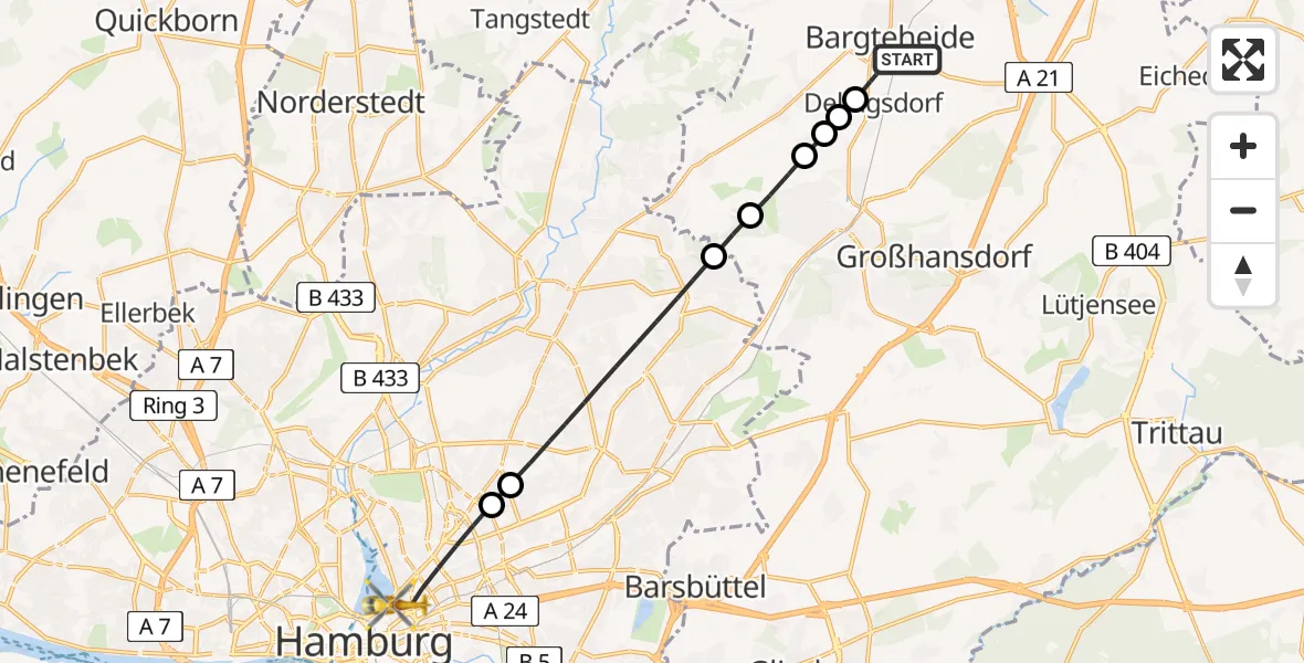 Flugroute Rettungshubschrauber Bargteheide - Hamburg, 24 Mai 2026, 13:09