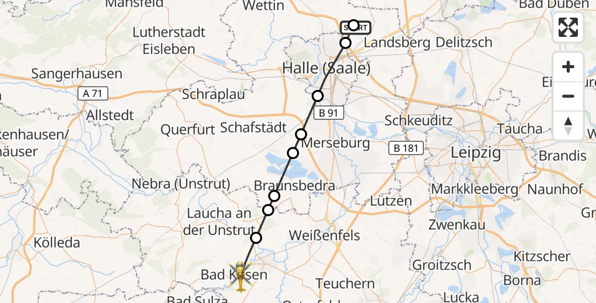 Flugroute Ambulanzhubschrauber Halle-Oppin Flugplatz - Naumburg (Saale), 24 Mai 2026, 13:12