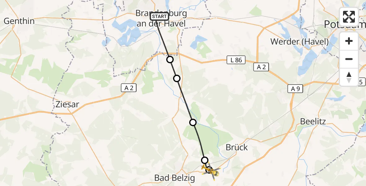 Flugroute Rettungshubschrauber Brandenburg an der Havel - Bad Belzig, 24 Mai 2026, 13:19