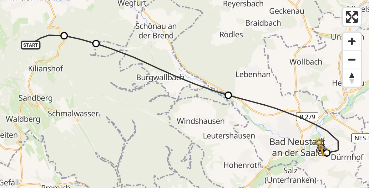 Flugroute Rettungshubschrauber Bischofsheim i.d.Rhön - Bad Neustadt an der Saale Hospital, 24 Mai 2026, 13:19