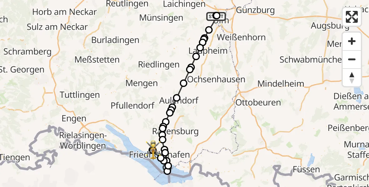Flugroute Rettungshubschrauber Ulm Military Hospital Emergency - Friedrichshafen Hospital, 24 Mai 2026, 13:22