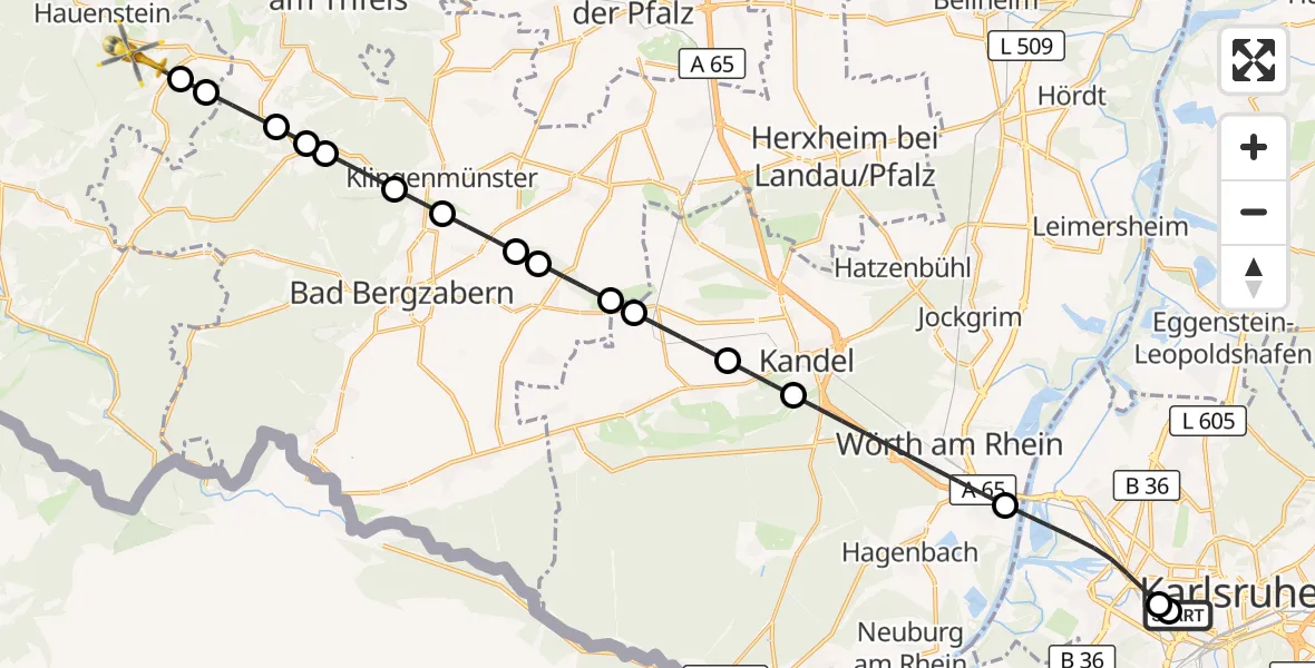Flugroute Rettungshubschrauber Sankt Vincentius Hospital - Schwanheim, 24 Mai 2026, 13:23