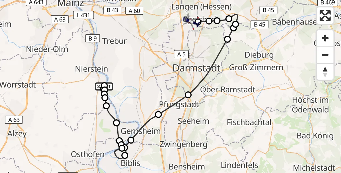 Flugroute Polizeihubschrauber Oppenheim Flugplatz - Flughafen Frankfurt-Egelsbach, 24 Mai 2026, 13:25