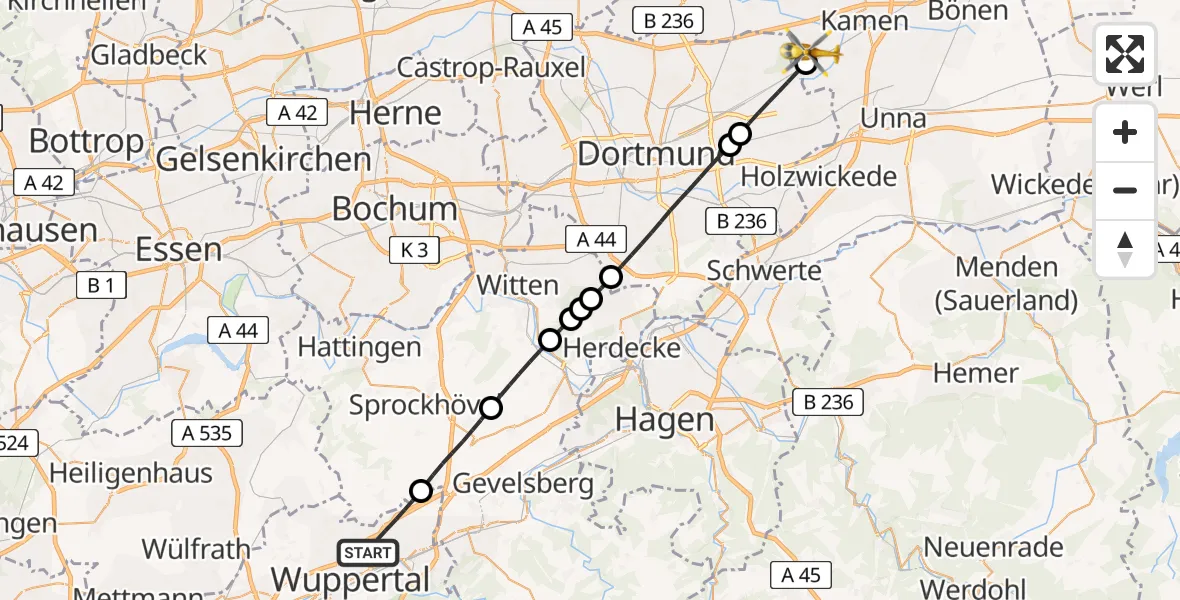 Flugroute Rettungshubschrauber Wuppertal - Kamen, 24 Mai 2026, 13:26