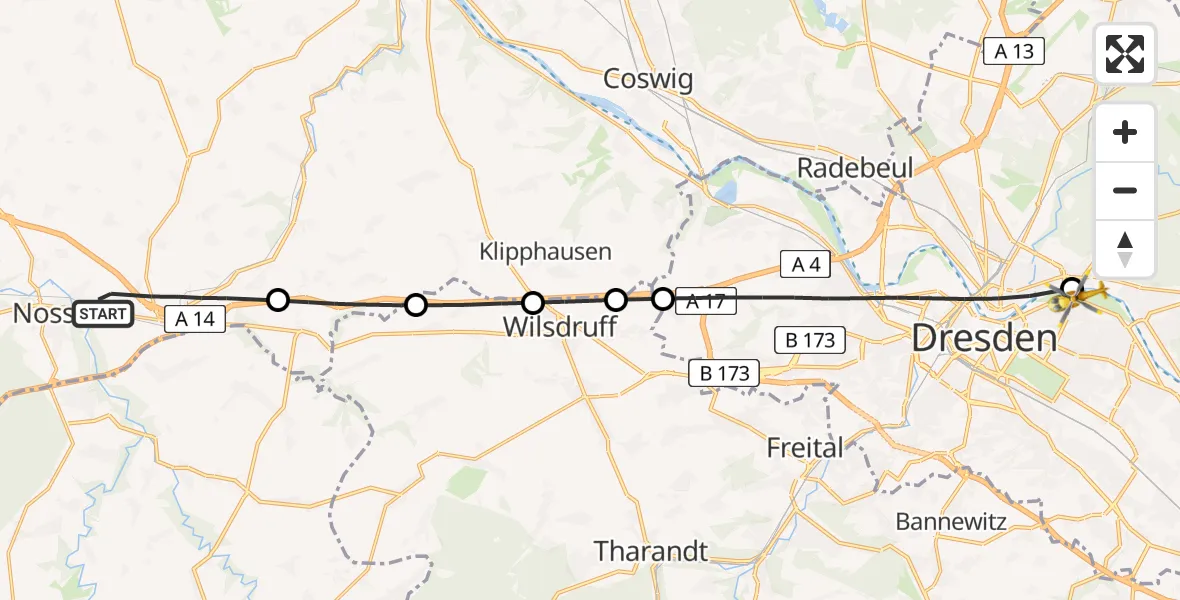 Flugroute Rettungshubschrauber Nossen - Dresden Elbwiesen Hubschrauberlandeplatz, 24 Mai 2026, 13:30