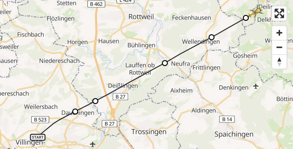 Flugroute Ambulanzhubschrauber Villingen-Schwenningen - Deilingen, 24 Mai 2026, 13:31