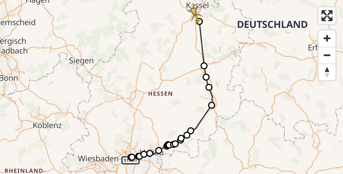 Flugroute Rettungshubschrauber Frankfurt am Main - Fuldabrück, 24 Mai 2026, 13:40