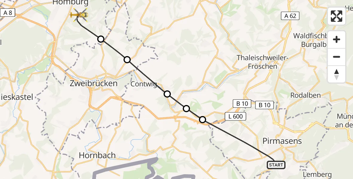 Flugroute Rettungshubschrauber Pirmasens - Homburg, 24 Mai 2026, 13:44