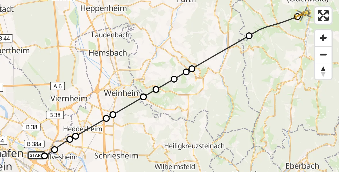 Flugroute Rettungshubschrauber Mannheim-City Flughafen - Erbach, 24 Mai 2026, 13:46