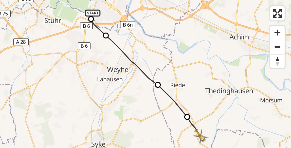 Flugroute Rettungshubschrauber ADAC Air Rescue Station Bremen Hubschrauberlandeplatz (Christoph 6) - Emtinghausen, 24 Mai 2026, 13:48