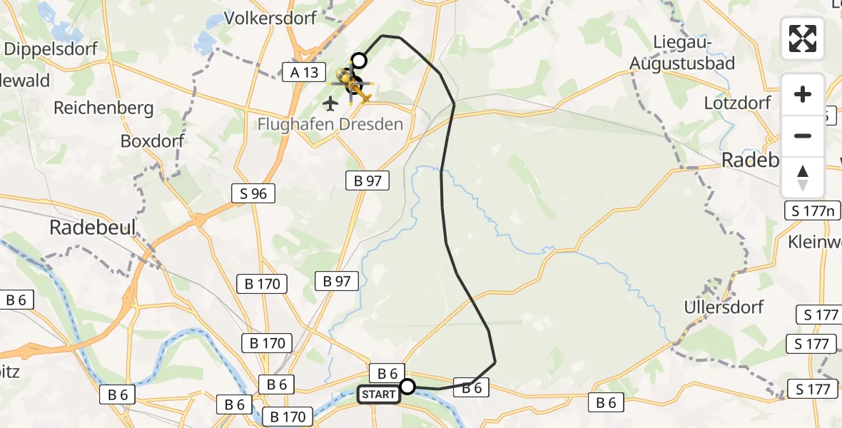 Flugroute Rettungshubschrauber Dresden Elbwiesen Hubschrauberlandeplatz - Dresden Flughafen, 24 Mai 2026, 13:54