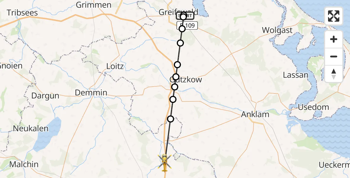 Flugroute Rettungshubschrauber Greifswald Hospital - Werder, 24 Mai 2026, 13:56