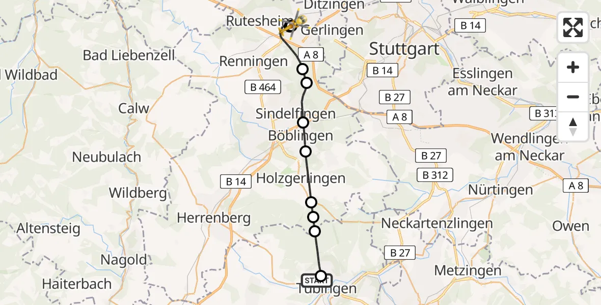 Flugroute Rettungshubschrauber Tübingen University Hospital - Leonberg Hospital, 24 Mai 2026, 13:57