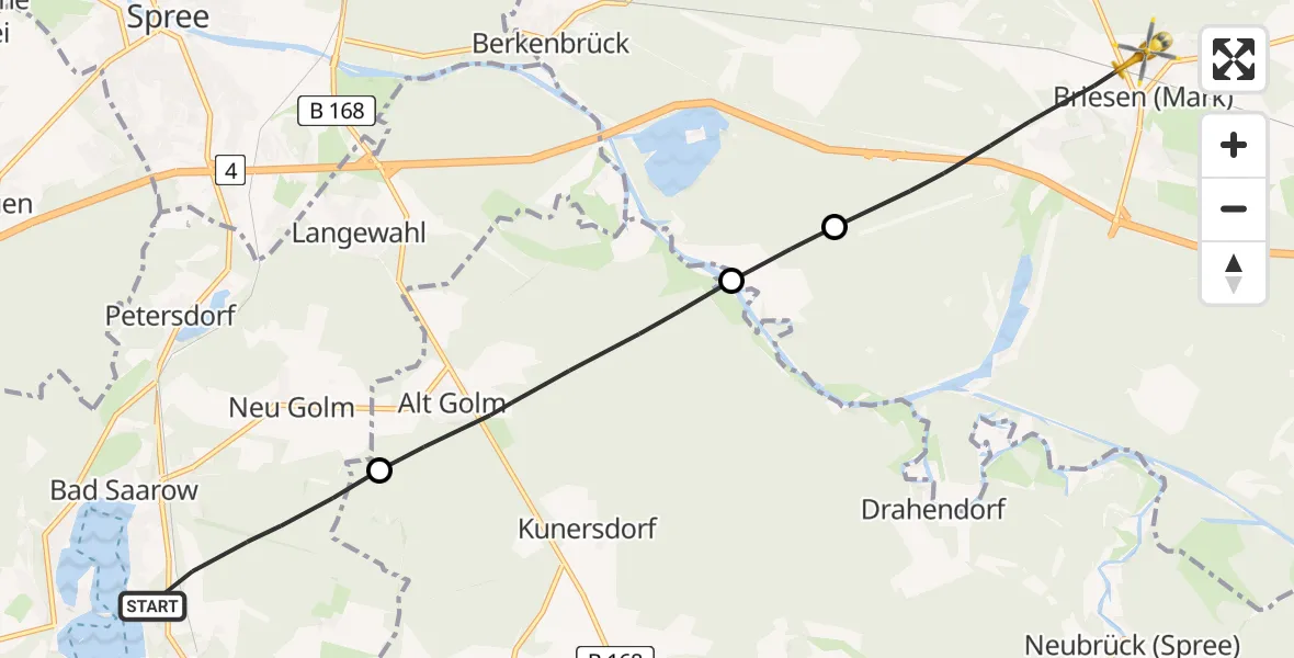 Flugroute Rettungshubschrauber Bad Saarow - Briesen (Mark), 24 Mai 2026, 14:01