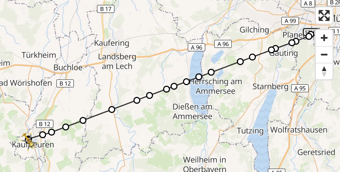 Flugroute Rettungshubschrauber DRF Air Rescue München Hubschrauberlandeplatz - Ostallgäu-Kaufbeuren Hospital, 24 Mai 2026, 14:04