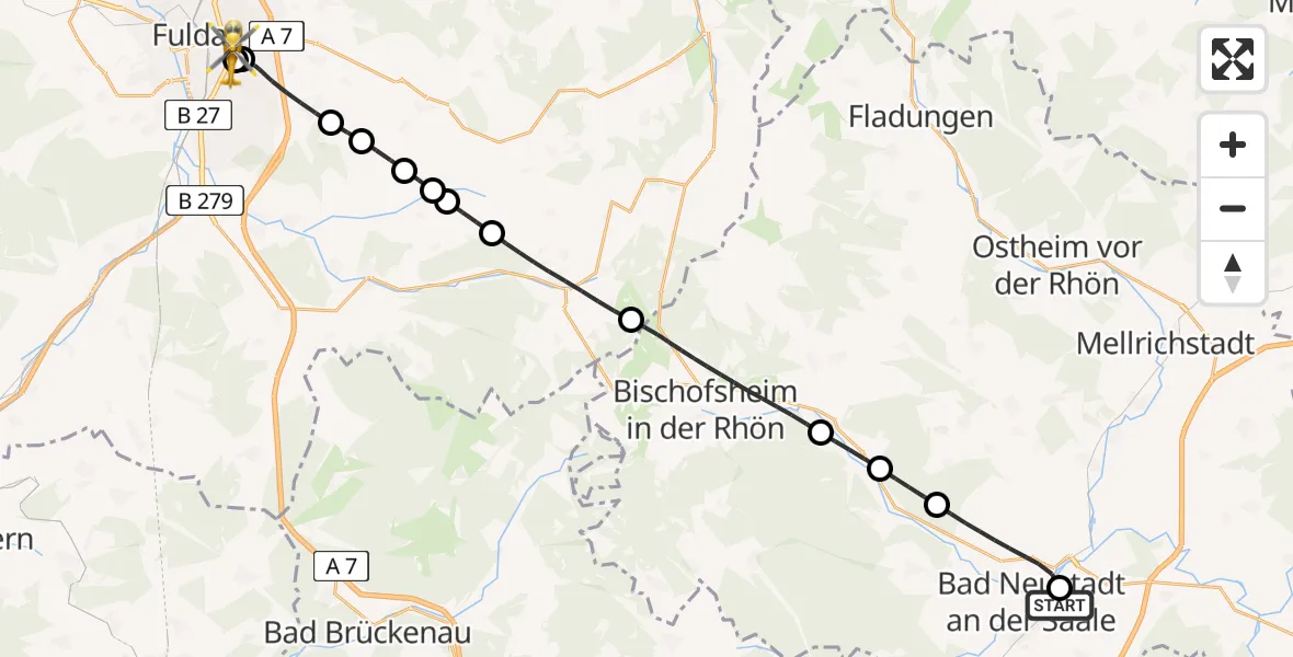 Flugroute Rettungshubschrauber Bad Neustadt an der Saale Hospital - Fulda Hospital, 24 Mai 2026, 14:04