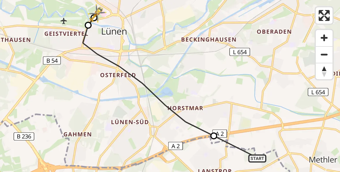 Flugroute Rettungshubschrauber Dortmund - Sankt Marien Hospital, 24 Mai 2026, 14:07
