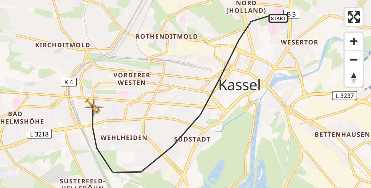 Flugroute Rettungshubschrauber Kassel - Kassel, 24 Mai 2026, 14:13