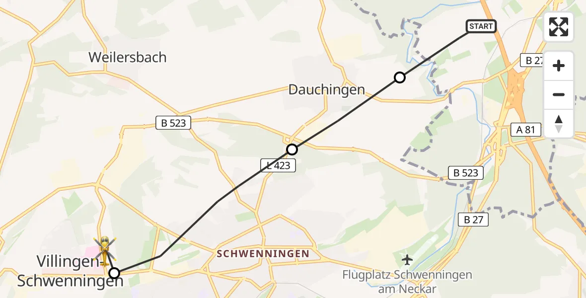 Flugroute Ambulanzhubschrauber Deißlingen - DRF Air Rescue Station Villingen-Schwenningen Hubschrauberlandeplatz (Christoph 11), 24 Mai 2026, 14:14