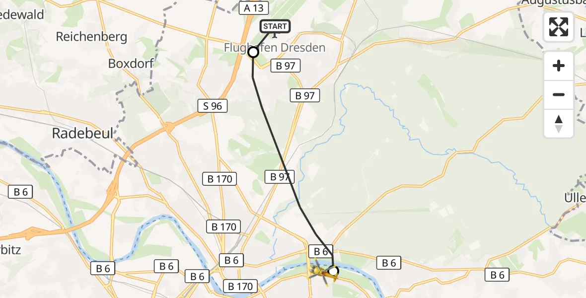 Flugroute Rettungshubschrauber Dresden Flughafen - Dresden Elbwiesen Hubschrauberlandeplatz, 24 Mai 2026, 14:17