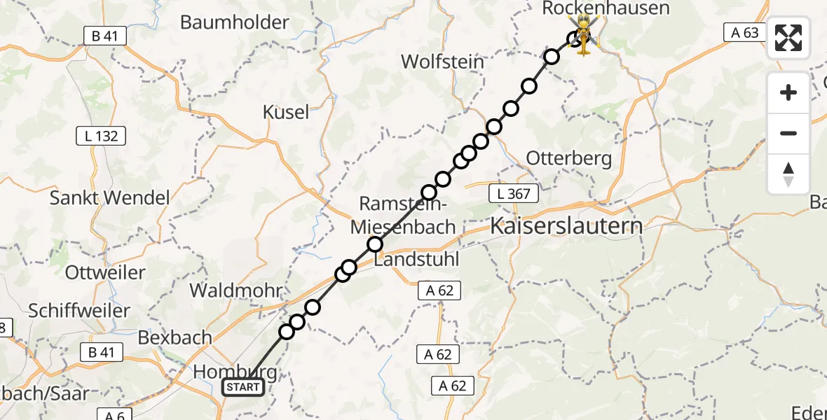Flugroute Rettungshubschrauber Homburg - Imsweiler UL, 24 Mai 2026, 14:17