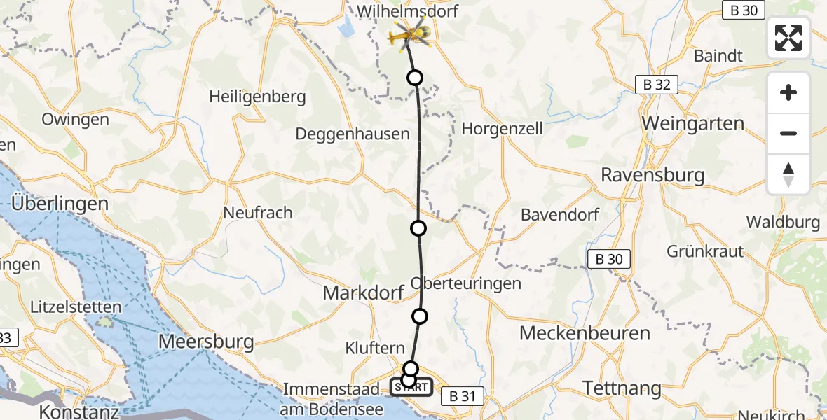 Flugroute Rettungshubschrauber Friedrichshafen Hospital - Wilhelmsdorf, 24 Mai 2026, 14:21