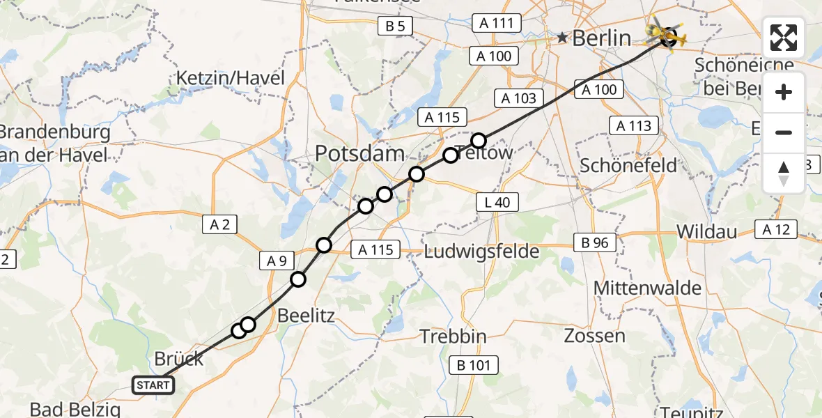 Flugroute Rettungshubschrauber Brück - Berlin Emergency Hospital, 24 Mai 2026, 14:23