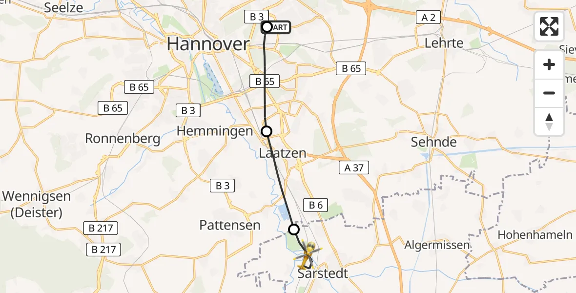 Flugroute Rettungshubschrauber Hannover Luftrettung Hubschrauberlandeplatz (Christoph 4) - Sarstedt, 24 Mai 2026, 14:29