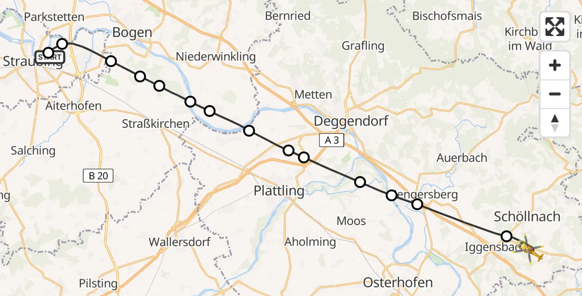 Flugroute Rettungshubschrauber Sankt Elisabeth Hospital Straubing - Iggensbach, 24 Mai 2026, 14:29