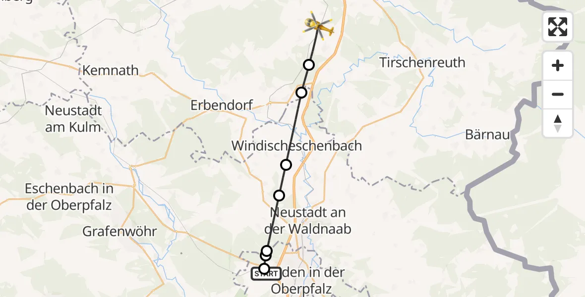 Flugroute Rettungshubschrauber Weiden in der Oberpfalz Flugplatz - Wiesau, 24 Mai 2026, 14:30