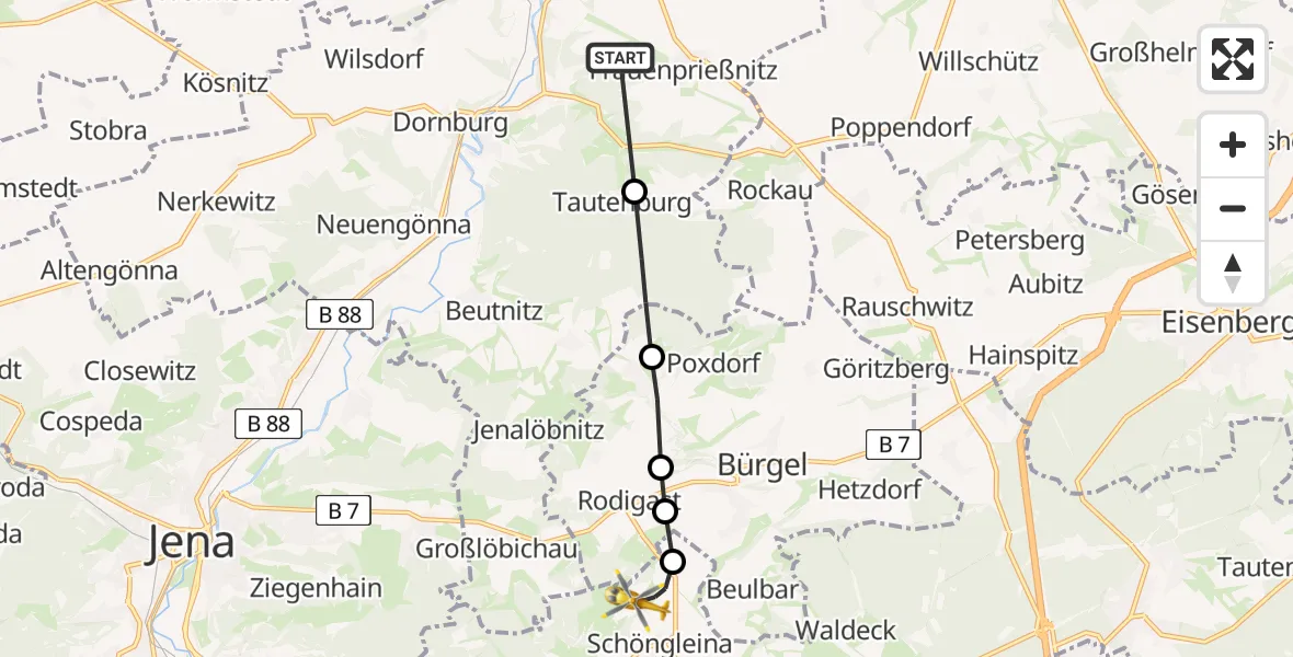 Flugroute Rettungshubschrauber Frauenprießnitz - Jena-Schöngleina Flugplatz, 24 Mai 2026, 14:33