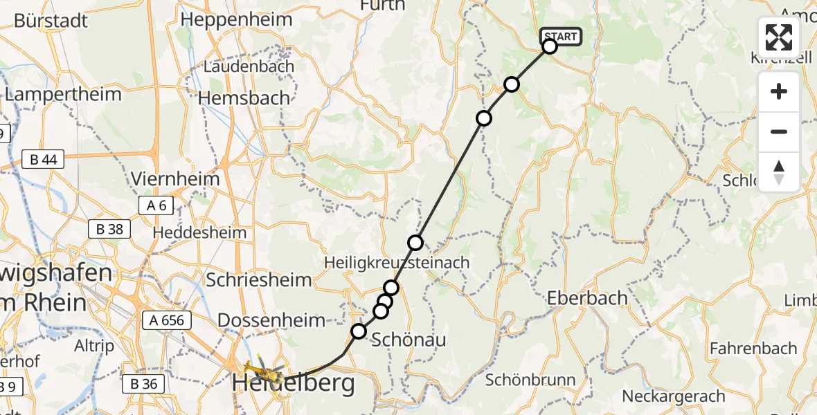 Flugroute Rettungshubschrauber Erbach - Heidelberg, 24 Mai 2026, 14:37